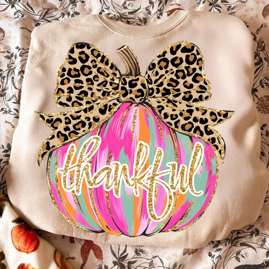 Thankful Leopard Bow Painted Pumpkin